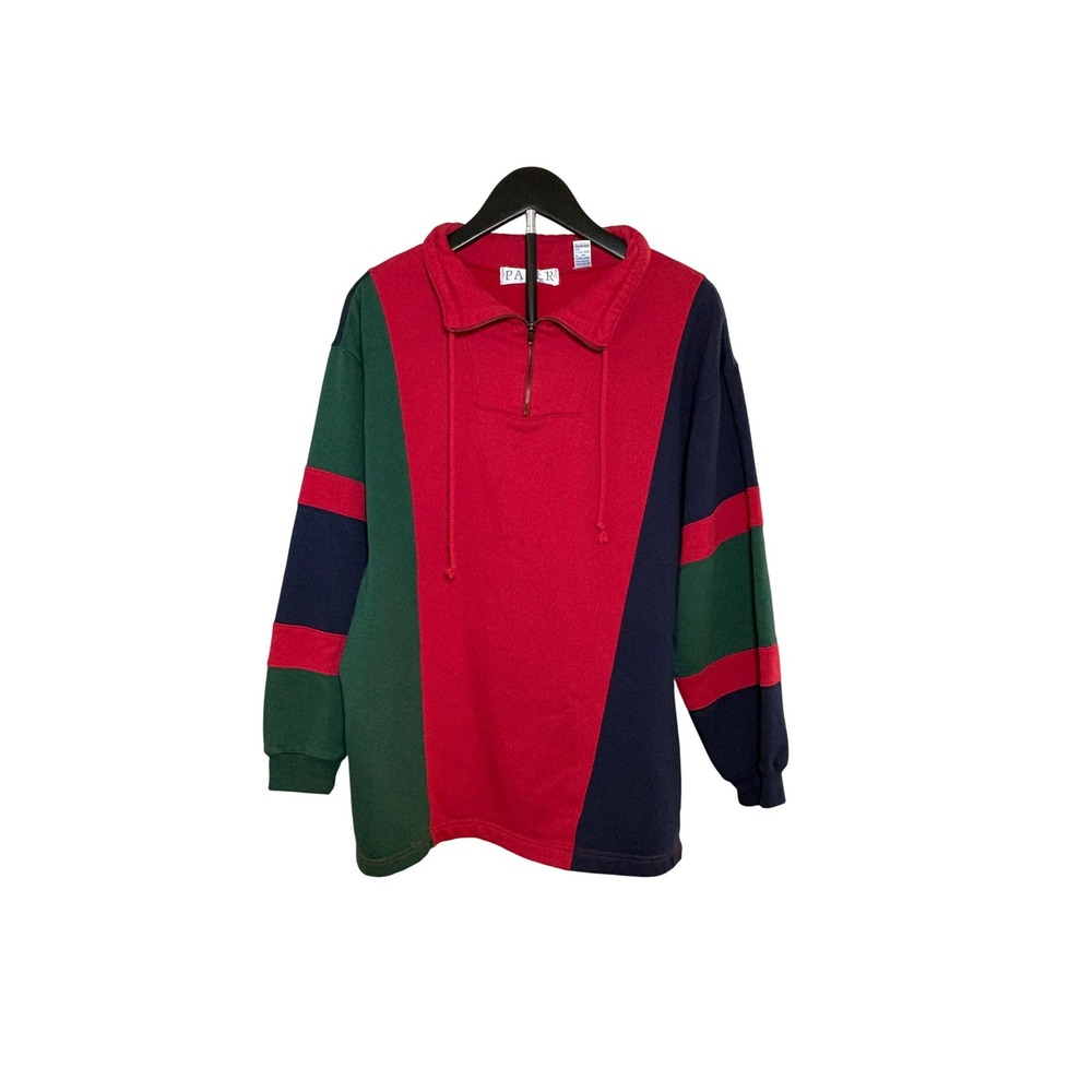 Vintage Pacer Sweatshirt Mens Medium Quarter Zip Colorblock Red Green Navy 90s